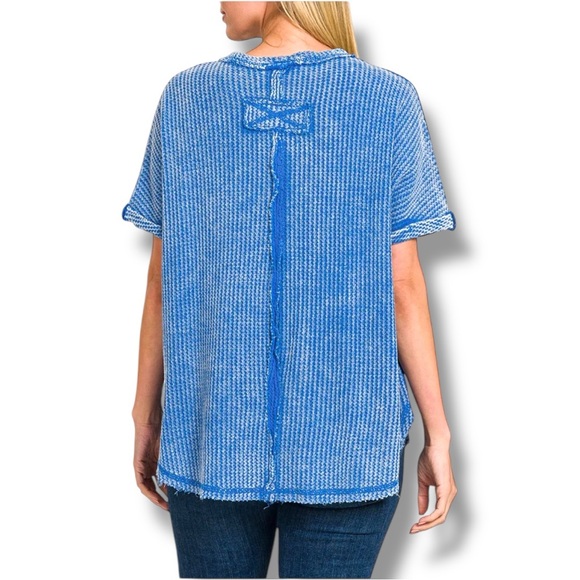Zenana Women's Small/Medium Aqua Blue Knit Short Sleeve Distressed Crewneck Top - Picture 7 of 16
